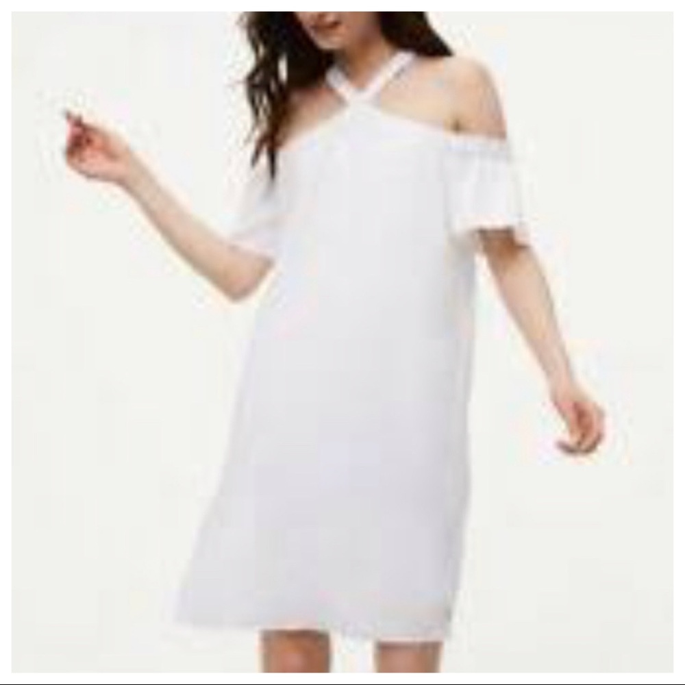 LOFT Cold Shoulders High V-Neck  White Midi Dress | S
